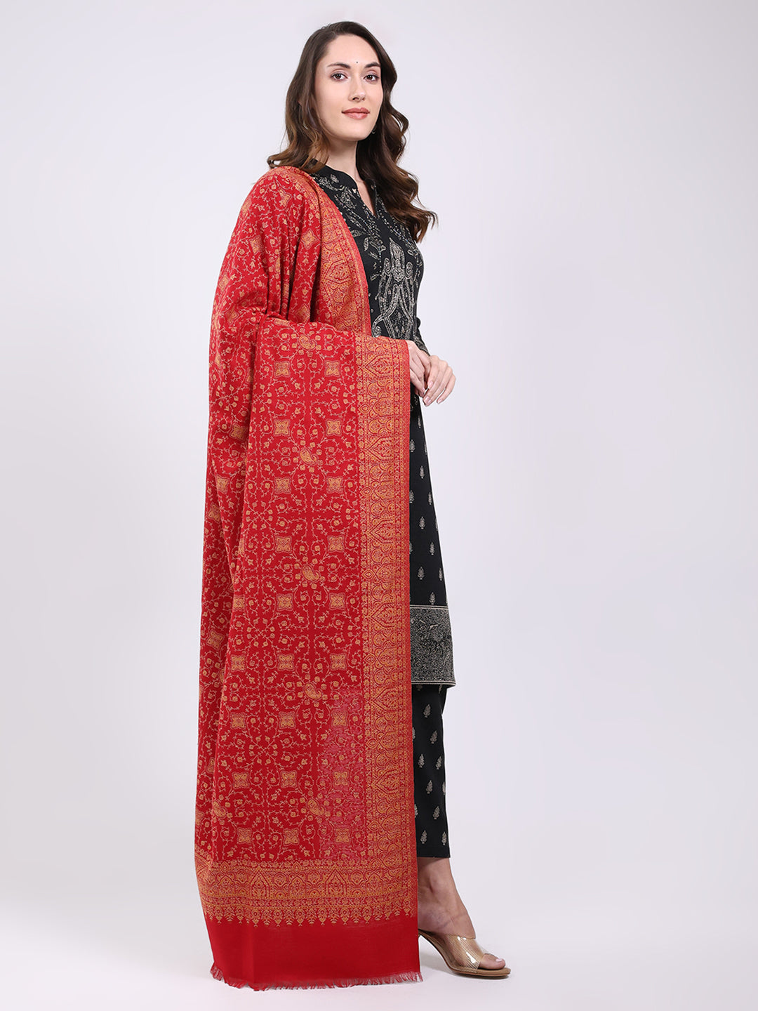 Women Red Printed Wool Blend Shawl