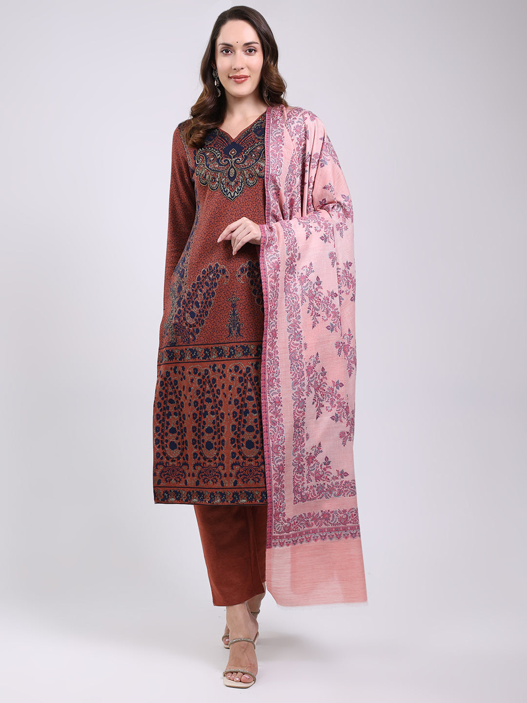Women Pink Printed Wool Blend Shawl