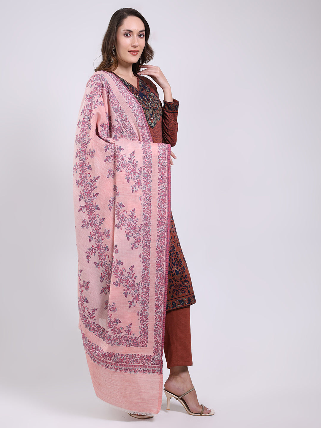Women Pink Printed Wool Blend Shawl