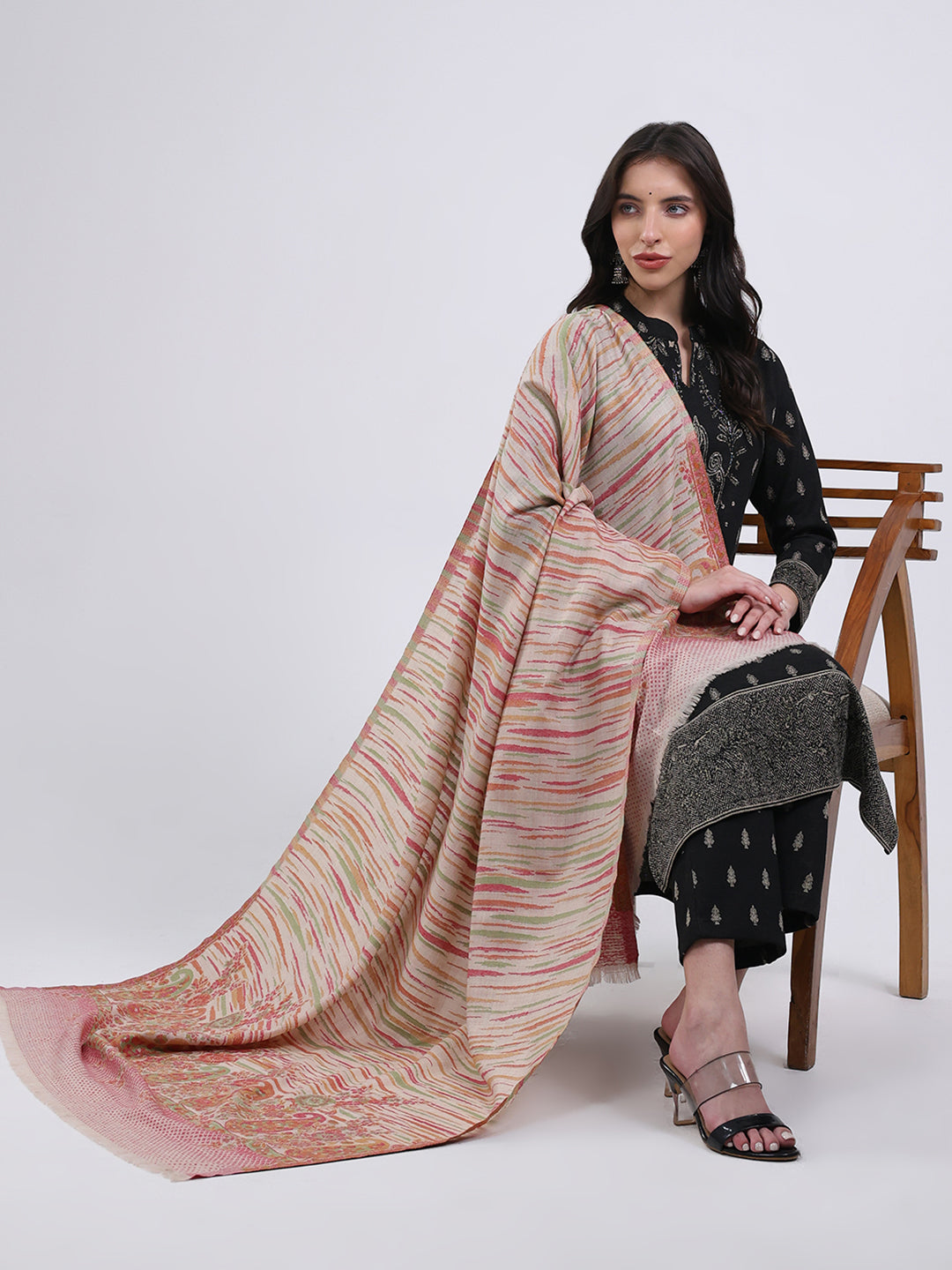 Women Multicolor Self Design Wool Blend Shawl