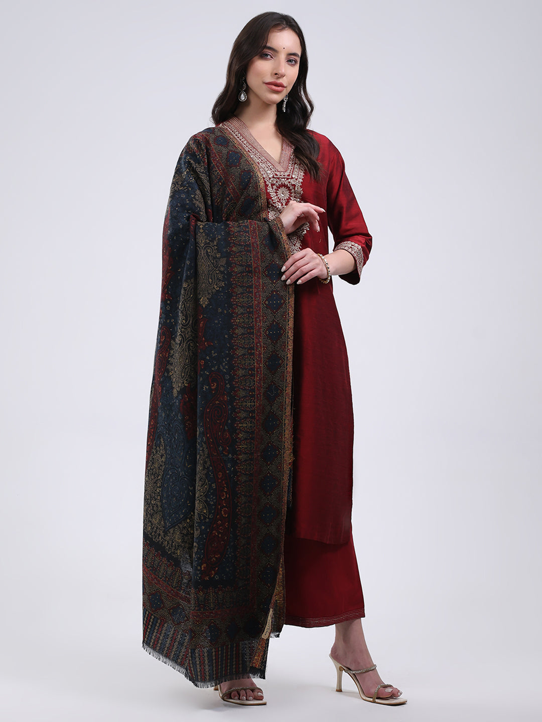 Women Multicolor Self Design Wool Blend Shawl
