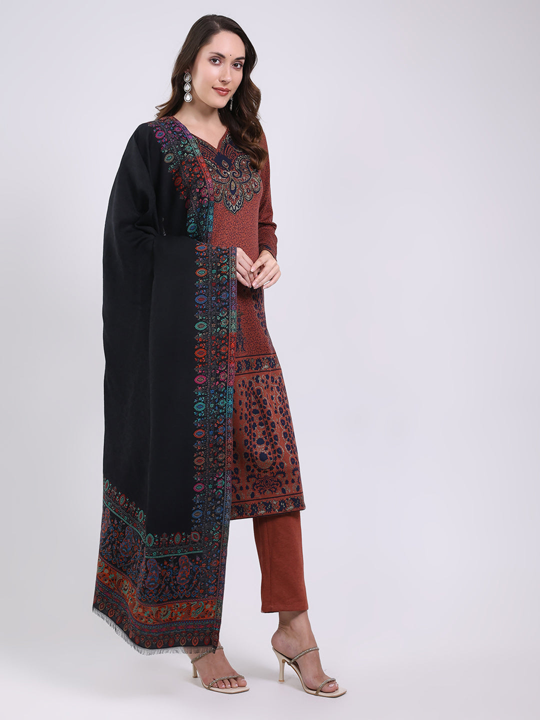 Women Black Printed Wool Blend Shawl