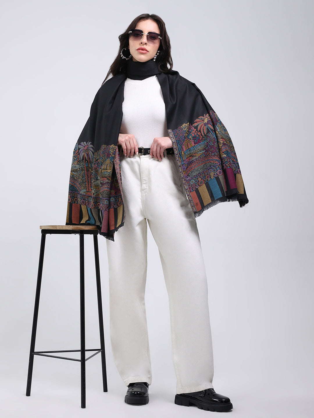 Women Black Printed Wool Blend Shawl