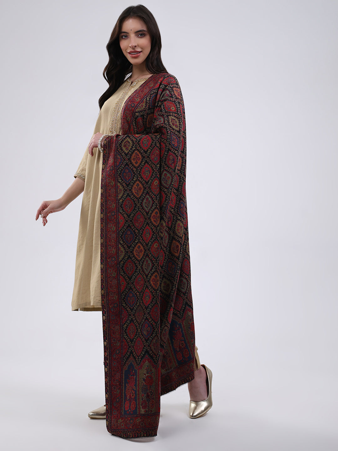 Women Multicolor Self Design Wool Blend Shawl