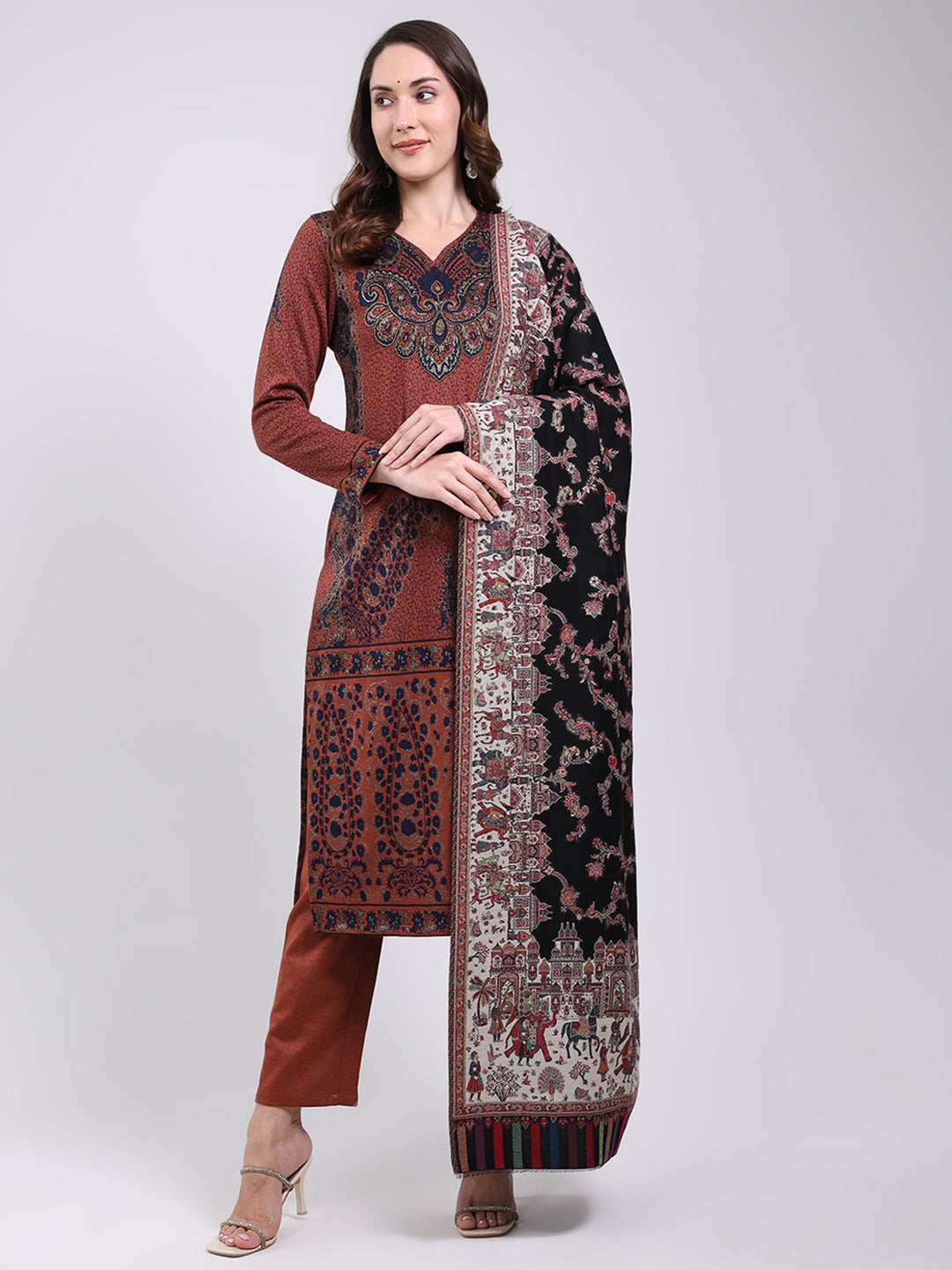 Women Black Printed Wool Blend Shawl