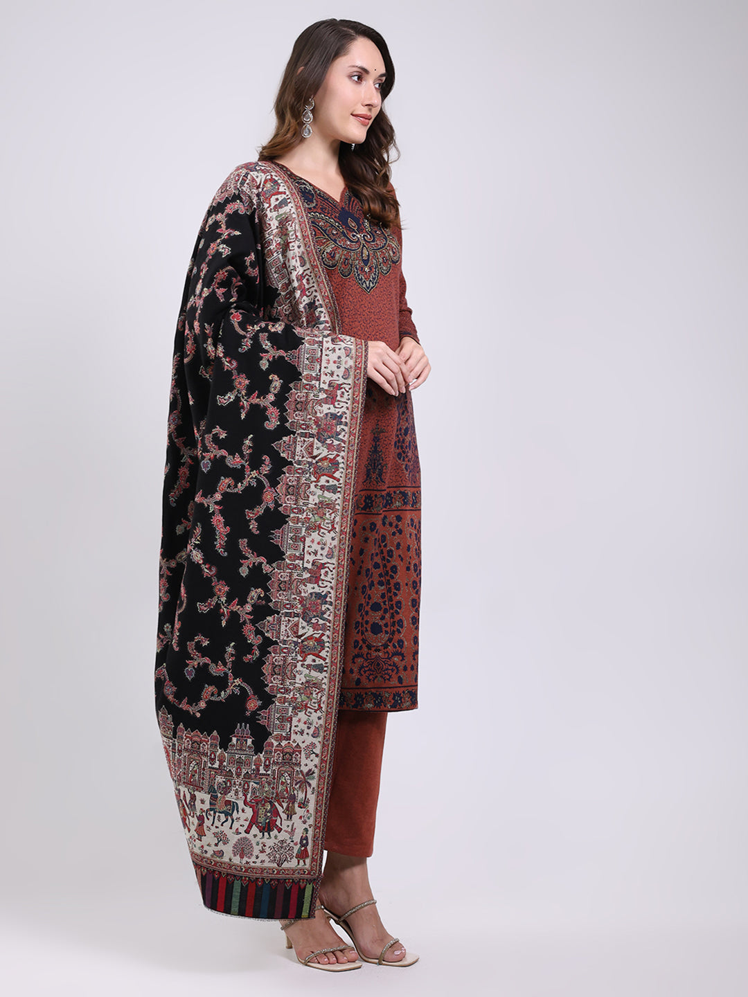 Women Black Printed Wool Blend Shawl