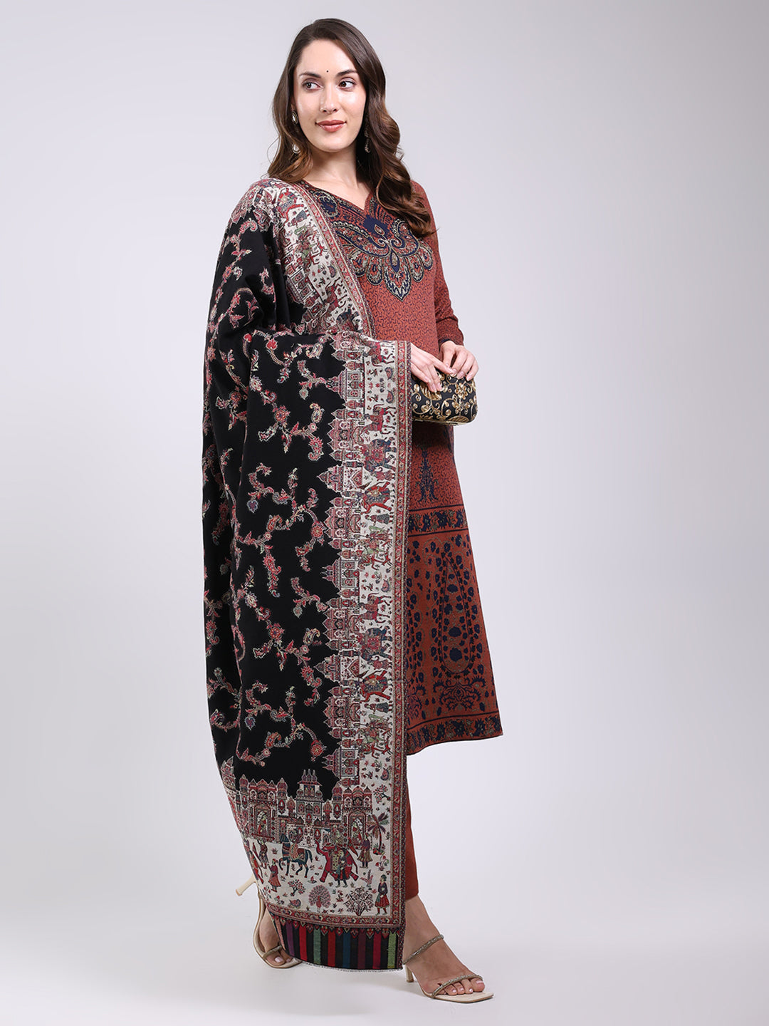 Women Black Printed Wool Blend Shawl
