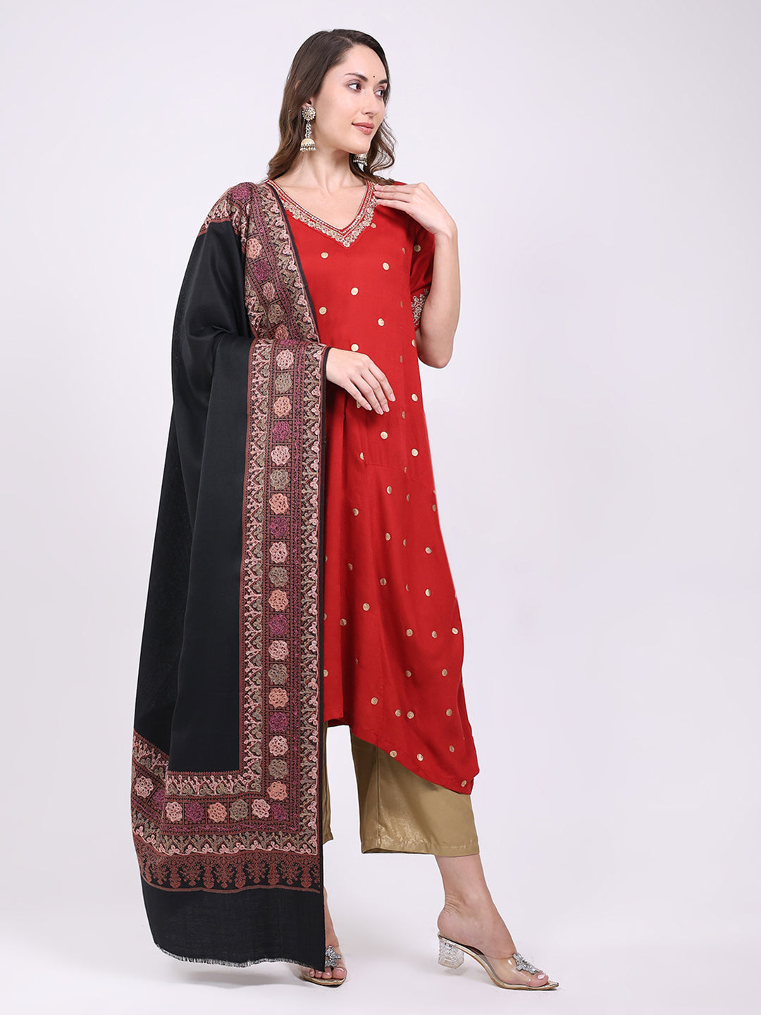 Women Black Printed Wool Blend Shawl