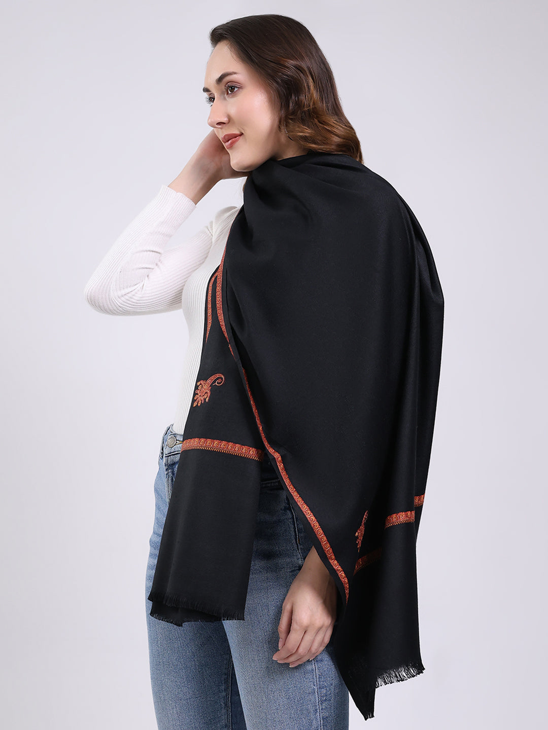 Women Black Solid Wool Blend Shawl