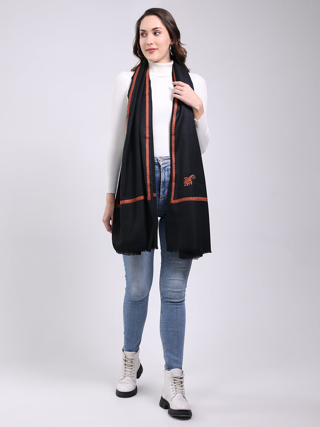 Women Black Solid Wool Blend Shawl