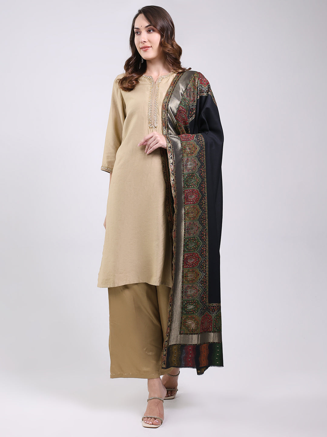 Women Black Printed Wool Blend Shawl