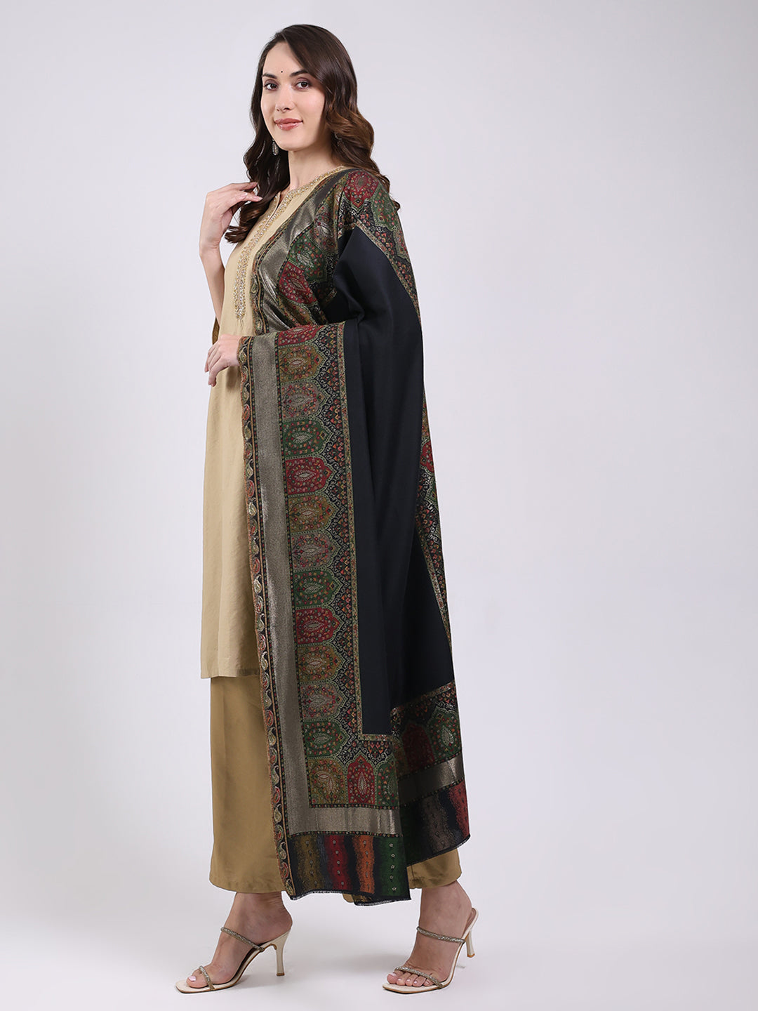 Women Black Printed Wool Blend Shawl