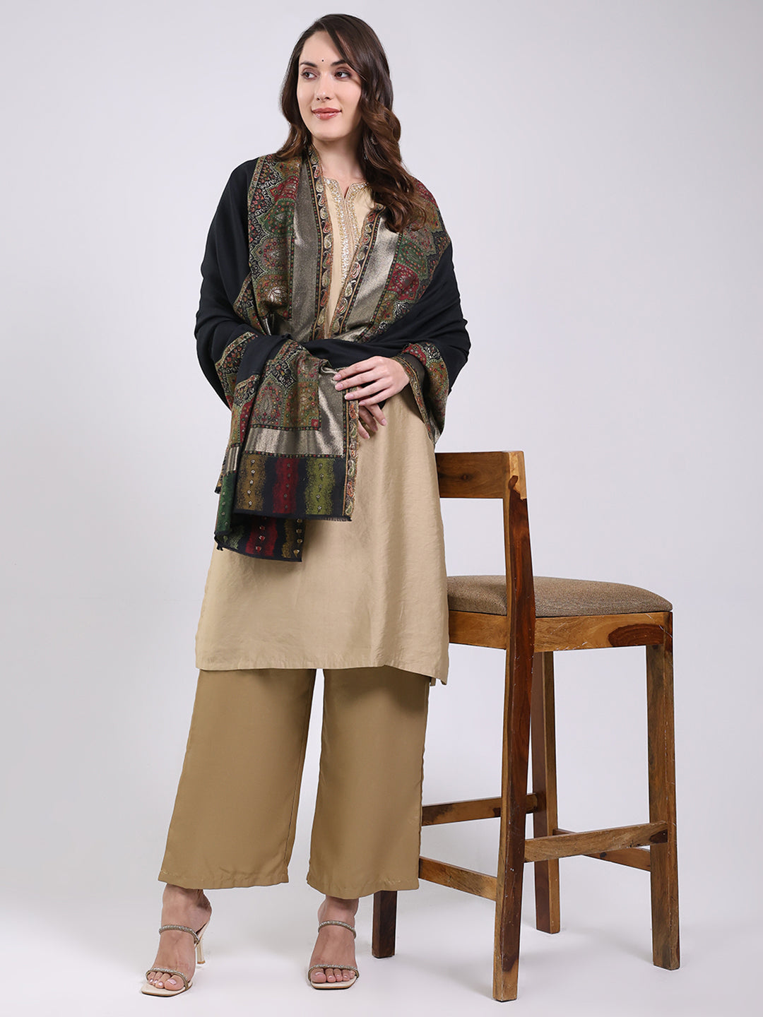 Women Black Printed Wool Blend Shawl