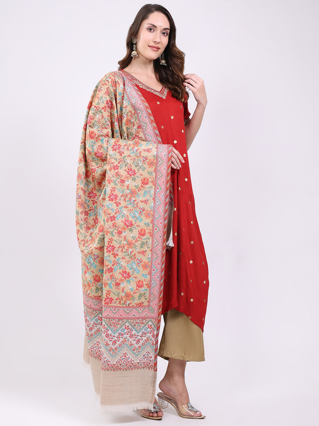 Women Beige Printed Wool Blend Shawl