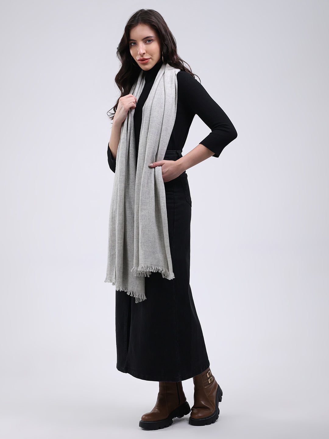 Women Grey Solid Wool Blend Stole
