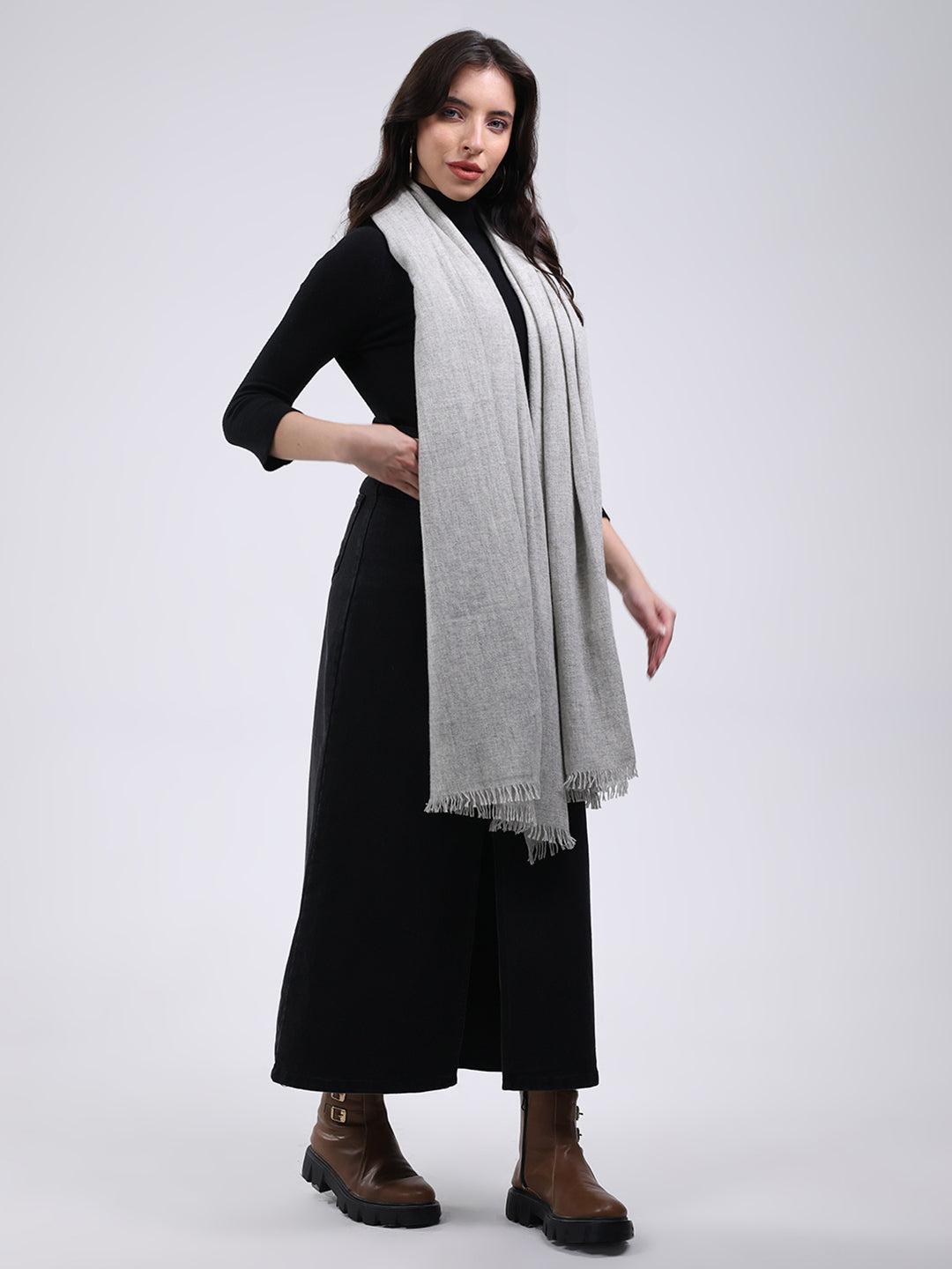 Women Grey Solid Wool Blend Stole
