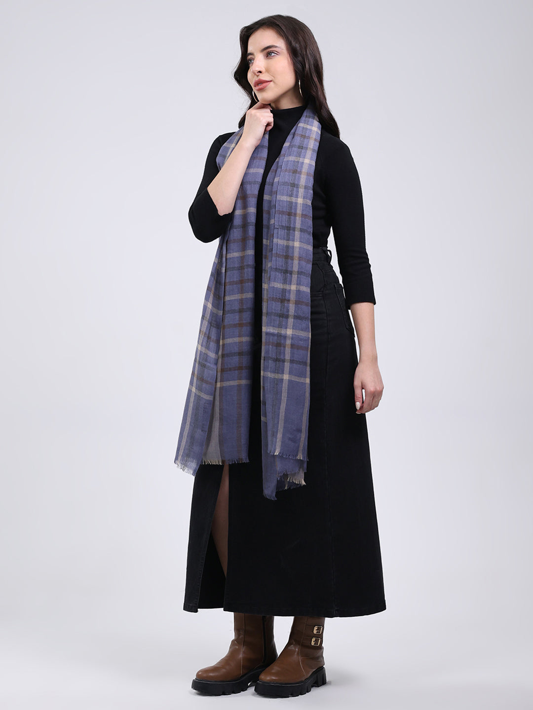 Women Blue Solid Wool Blend Stole