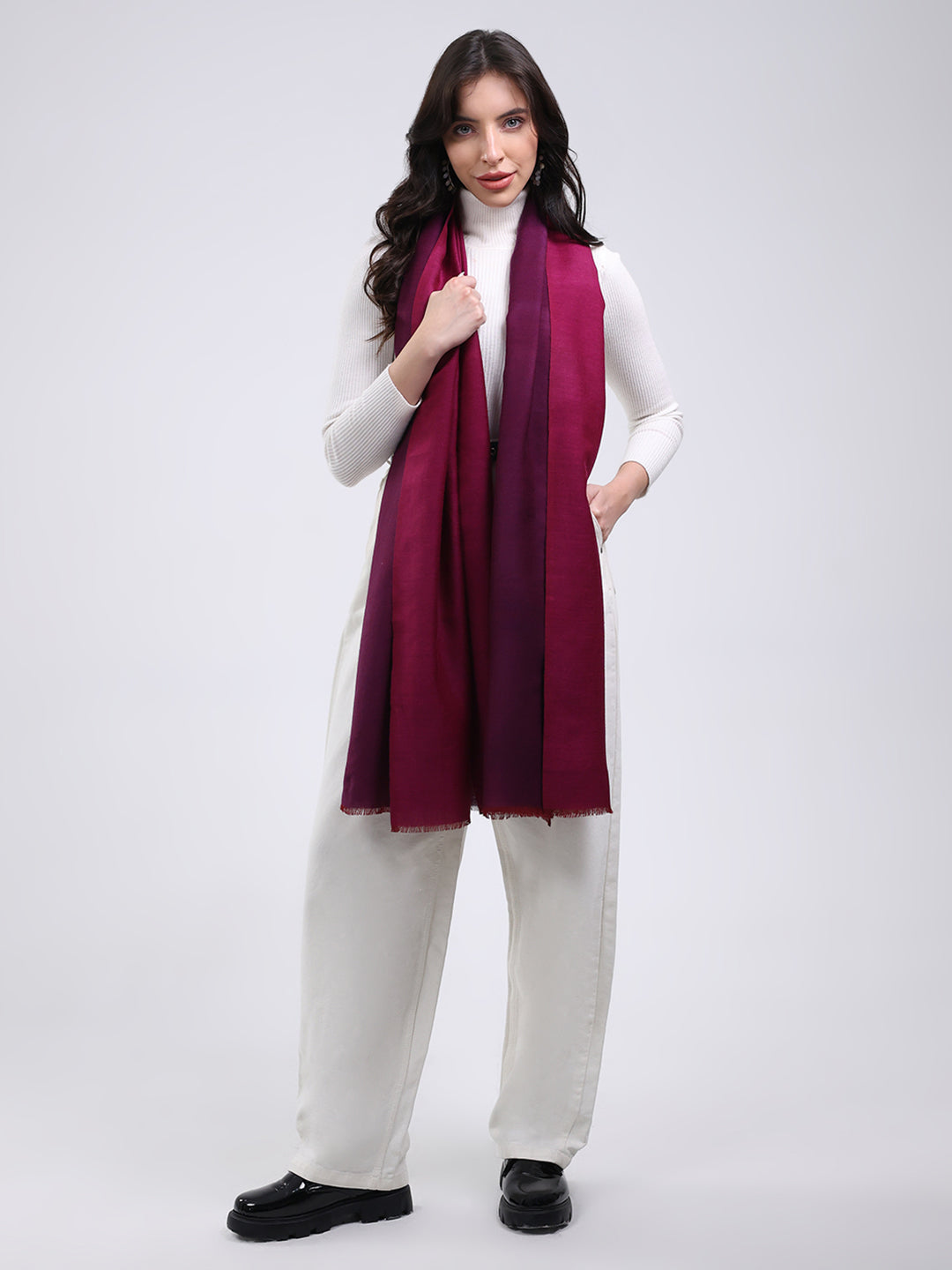 Women Maroon Solid Wool Blend Stole