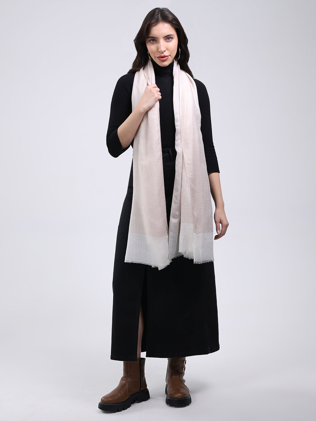 Women Cream Solid Wool Blend Stole