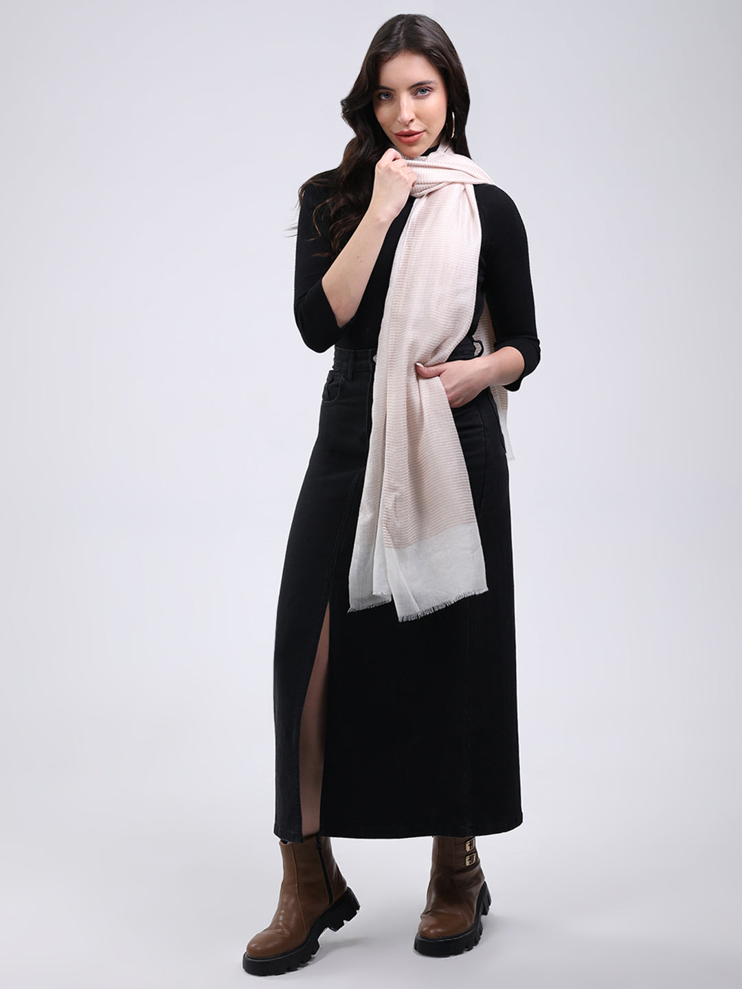 Women Cream Solid Wool Blend Stole