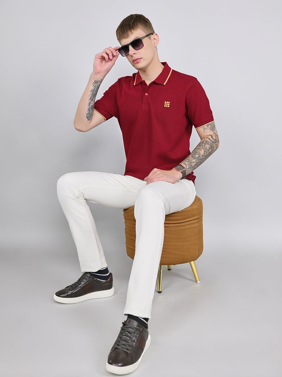 Rock.it Men Maroon Self Design Collar Half Sleeve T-Shirt
