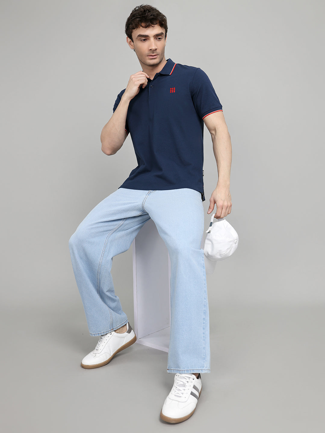 Rock.it Men Dark Blue Self Design Collar Half Sleeve T-Shirt