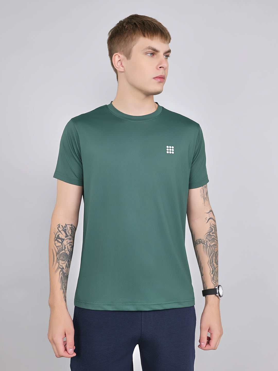 Rock.it Men Green Solid Round Neck Half Sleeve T-Shirt