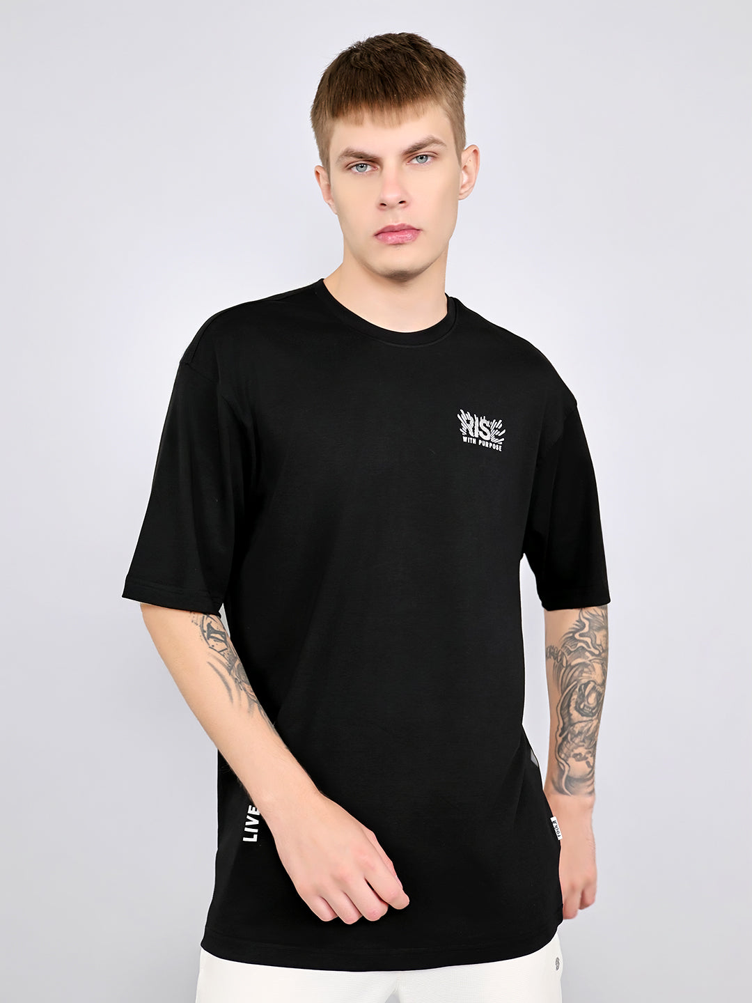 Rock.it Men Black Printed Round Neck Drop Shoulder Half Sleeve T-Shirt