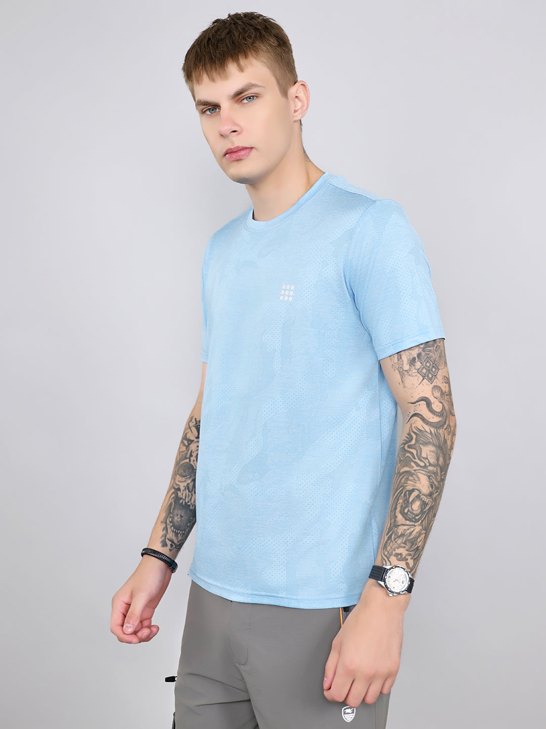 Rock.it Men Sky Blue Jacquard Round Neck Half Sleeve T-Shirt