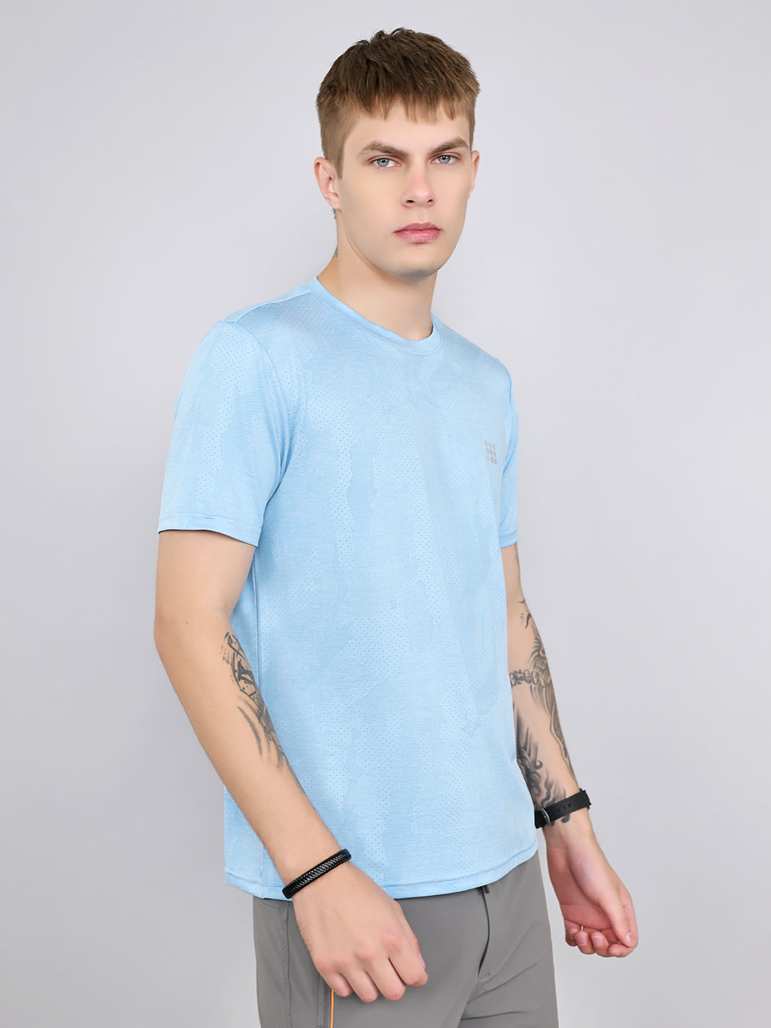 Rock.it Men Sky Blue Jacquard Round Neck Half Sleeve T-Shirt