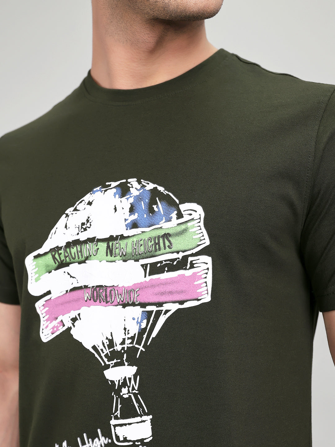 Rock.it Men Olive Printed Round Neck Half Sleeve T-Shirt