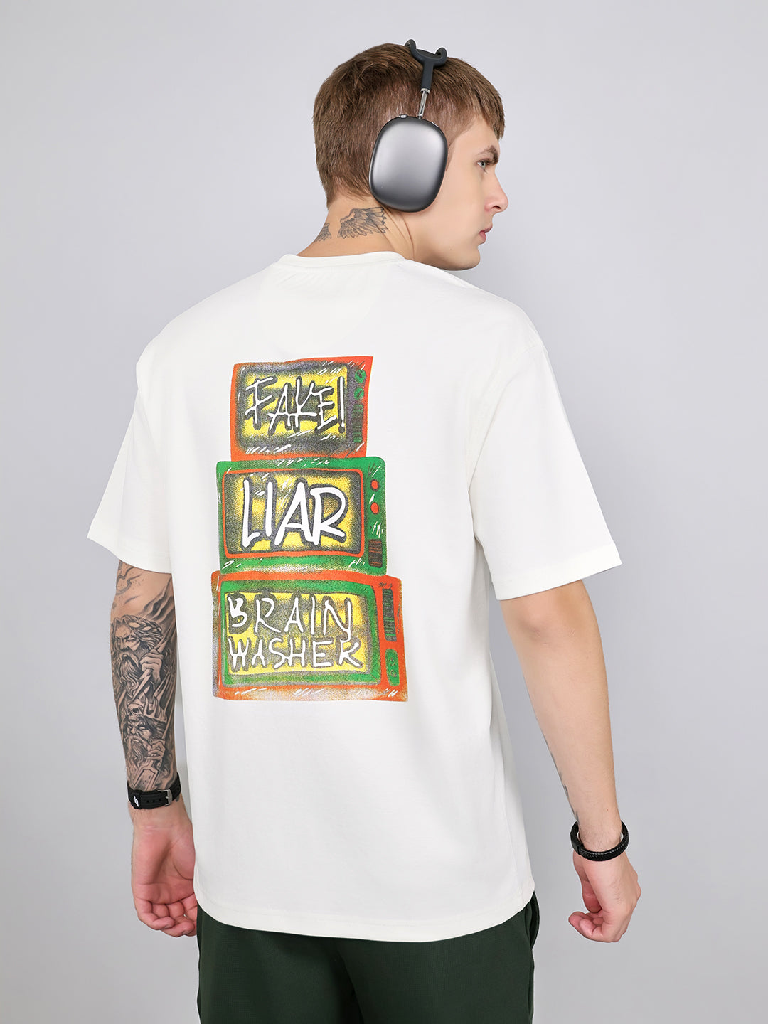 Rock.it Men Off White Printed Round Neck Drop Shoulder Half Sleeve T-Shirt