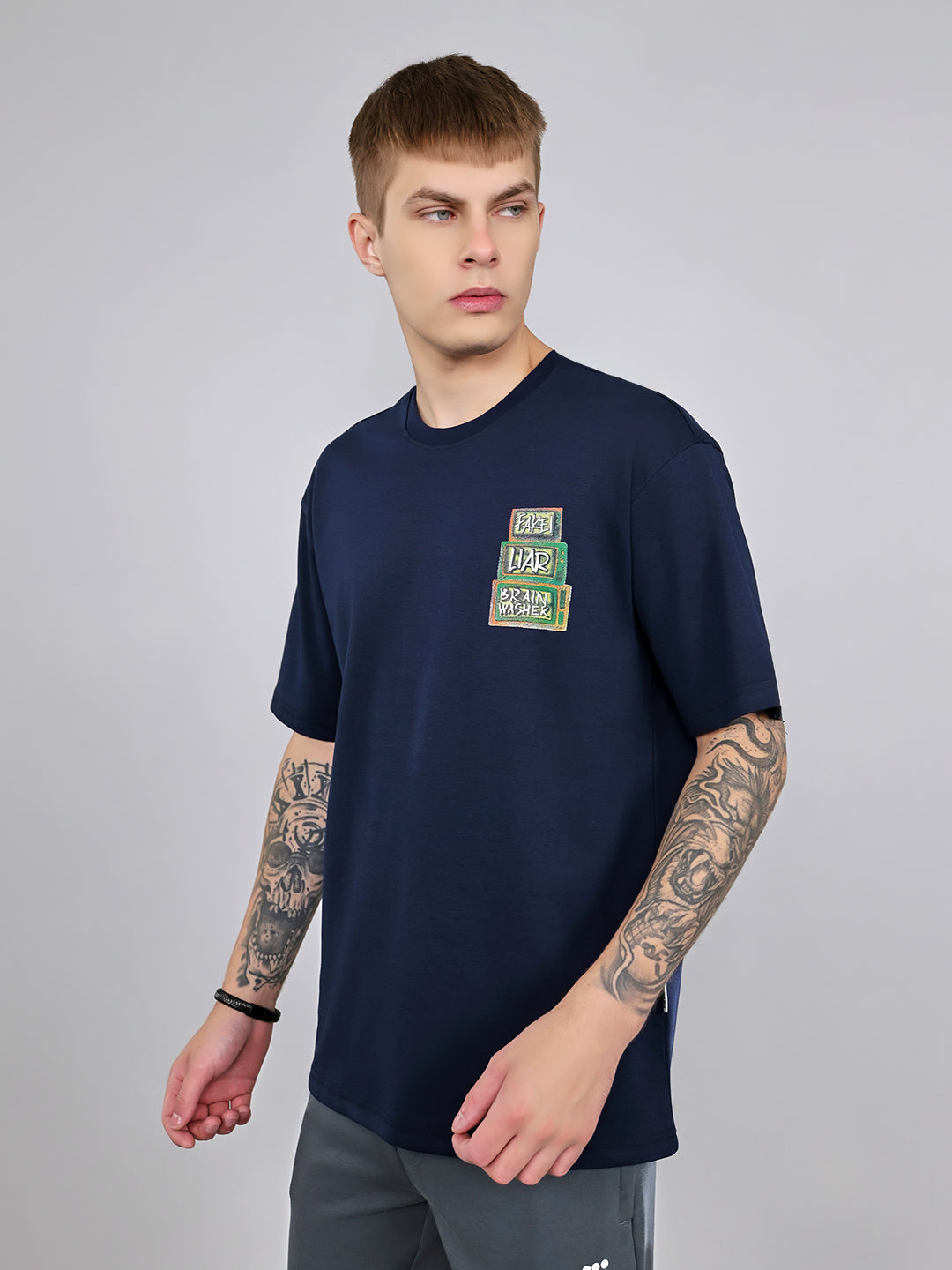 Rock.it Men Navy Blue Printed Round Neck Drop Shoulder Half Sleeve T-Shirt