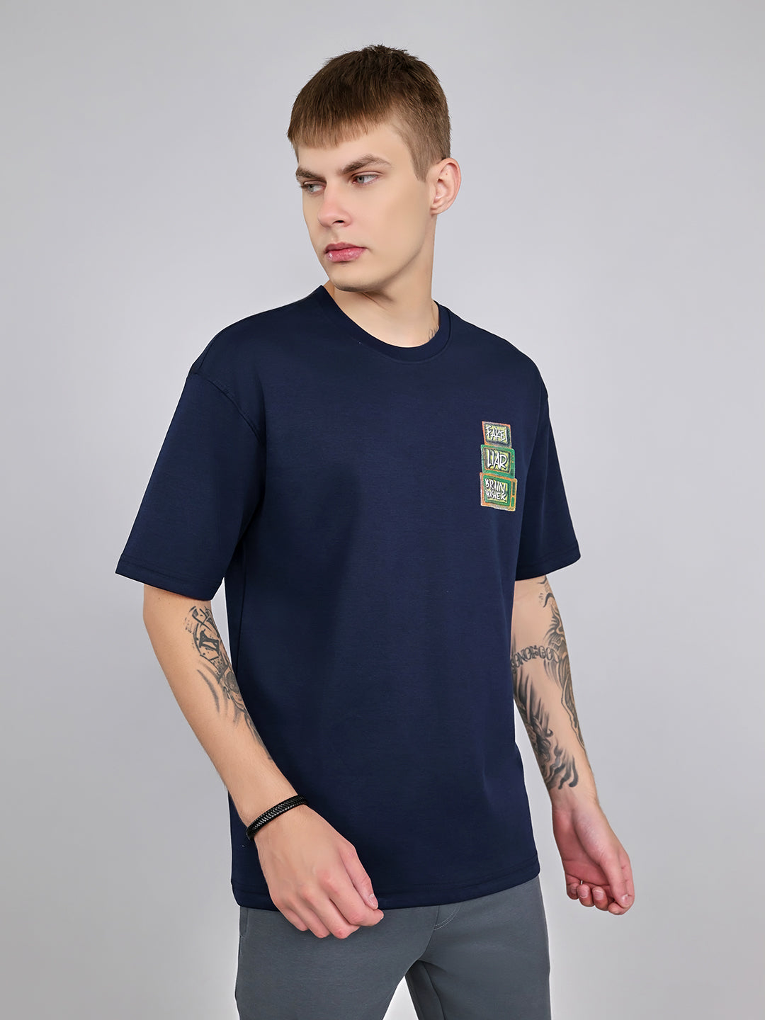 Rock.it Men Navy Blue Printed Round Neck Drop Shoulder Half Sleeve T-Shirt