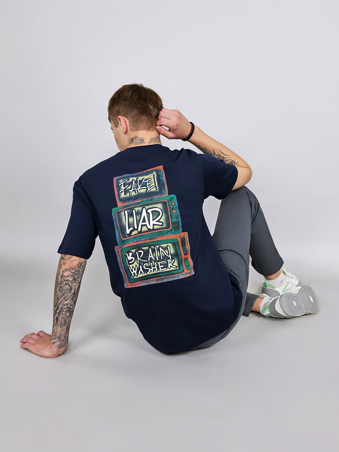 Rock.it Men Navy Blue Printed Round Neck Drop Shoulder Half Sleeve T-Shirt