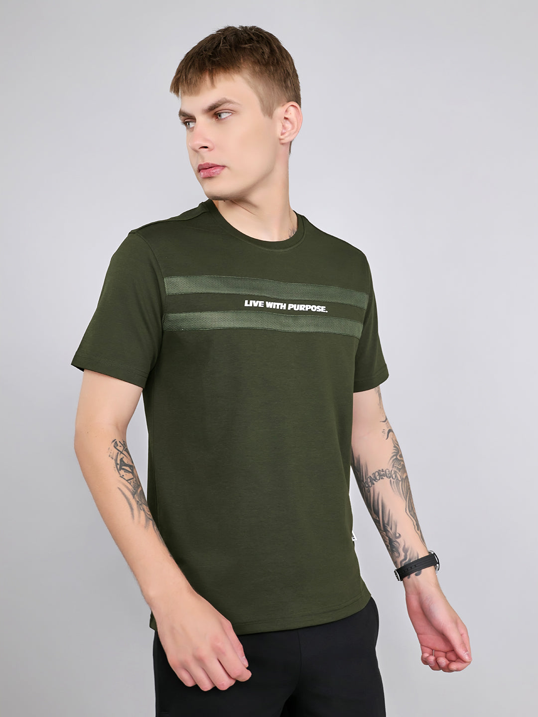 Rock.it Men Olive Solid Round Neck Half Sleeve T-Shirt