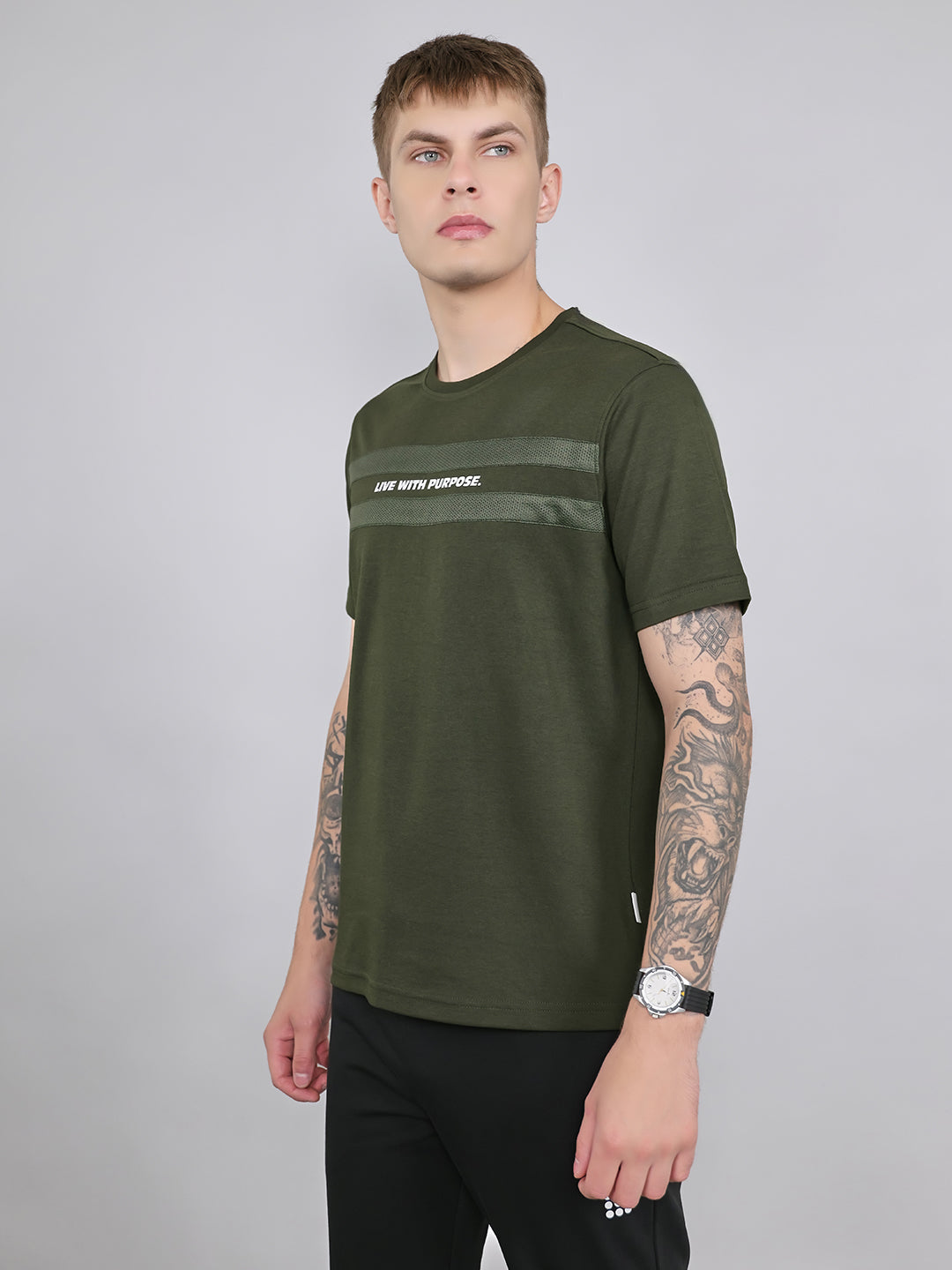 Rock.it Men Olive Solid Round Neck Half Sleeve T-Shirt