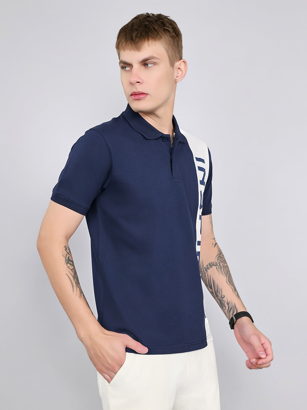 Rock.it Men Navy Blue Printed Collar Half Sleeve T-Shirt