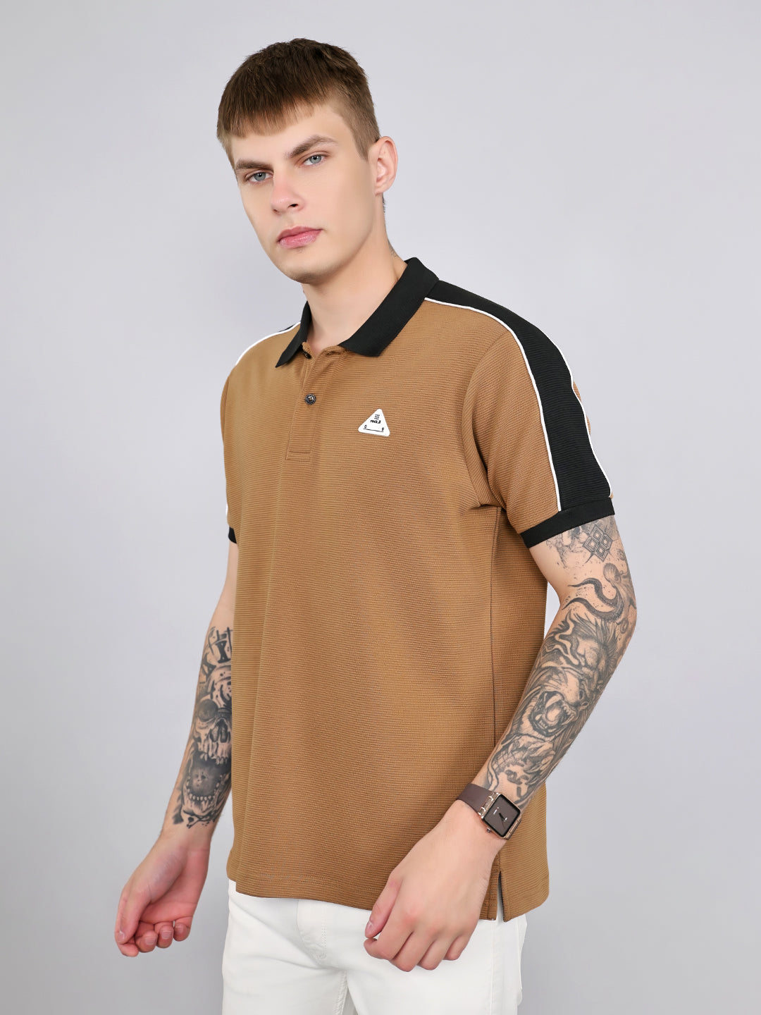 Rock.it Men Camel Brown Self Design Collar Half Sleeve T-Shirt