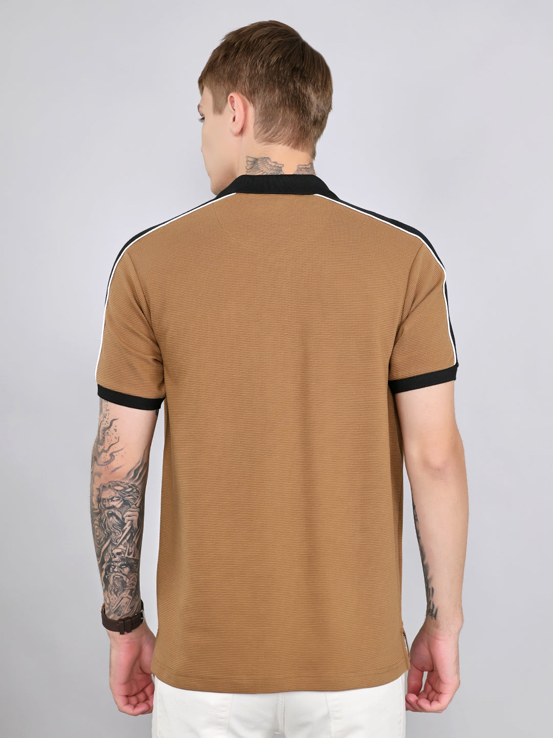 Rock.it Men Camel Brown Self Design Collar Half Sleeve T-Shirt