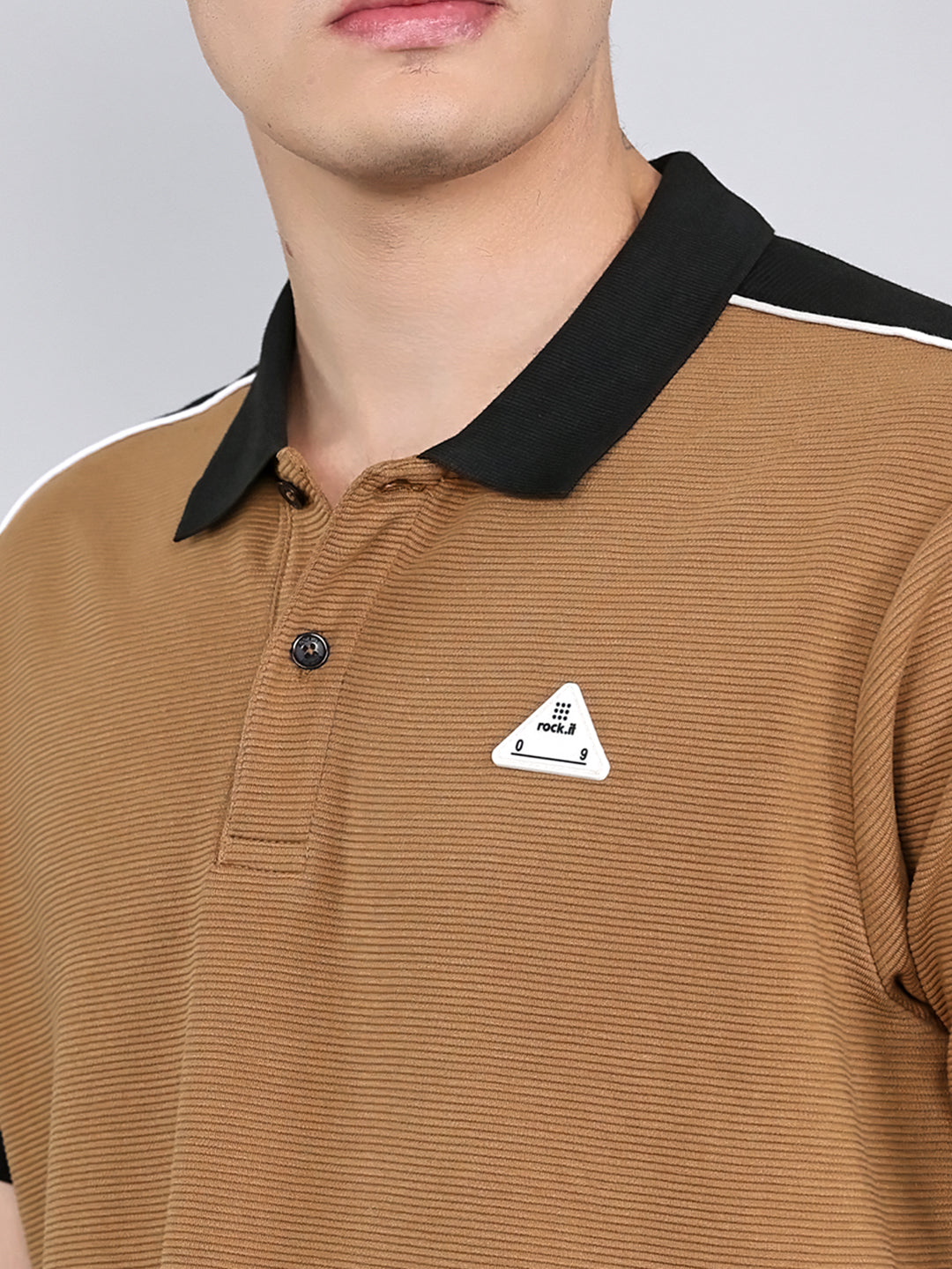 Rock.it Men Camel Brown Self Design Collar Half Sleeve T-Shirt