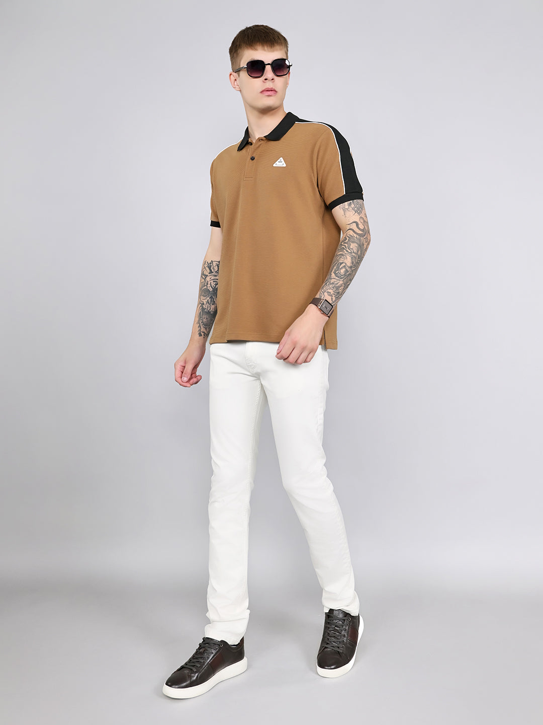 Rock.it Men Camel Brown Self Design Collar Half Sleeve T-Shirt