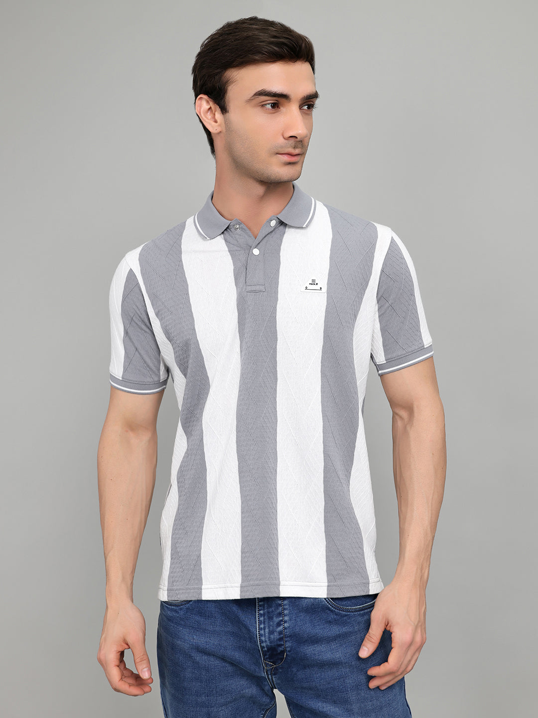 Rock.it Men Grey & White Stripe Collar Half Sleeve T-Shirt