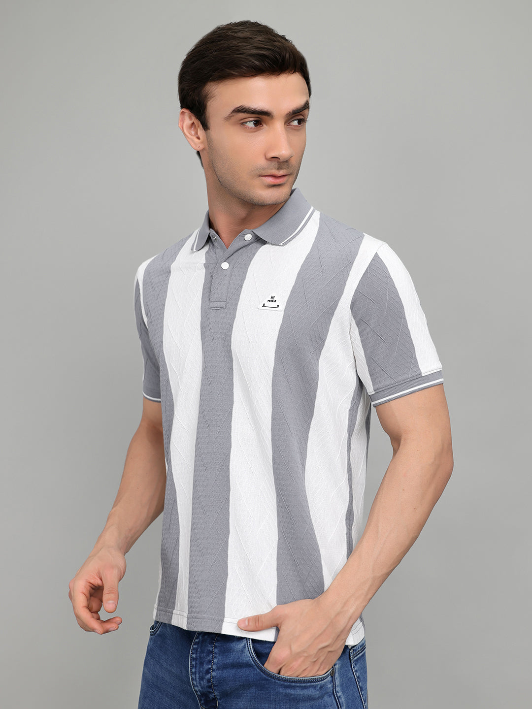 Rock.it Men Grey & White Stripe Collar Half Sleeve T-Shirt