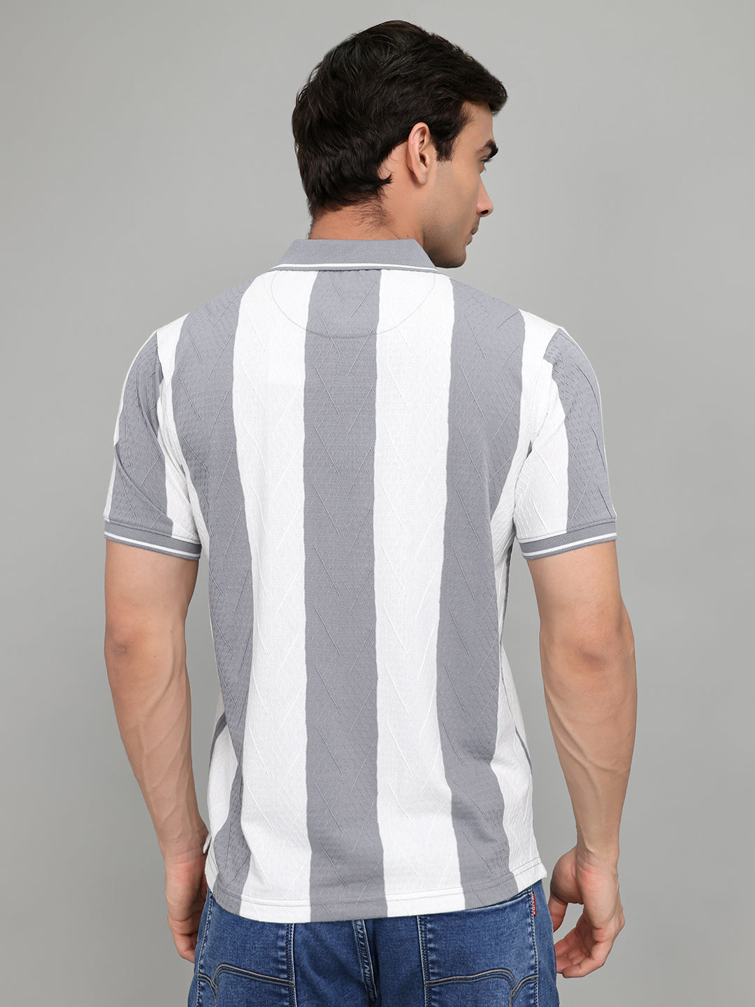 Rock.it Men Grey & White Stripe Collar Half Sleeve T-Shirt