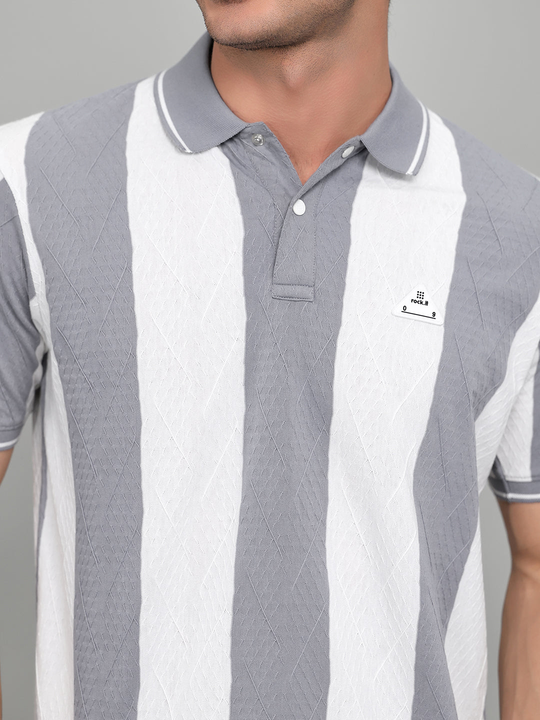 Rock.it Men Grey & White Stripe Collar Half Sleeve T-Shirt