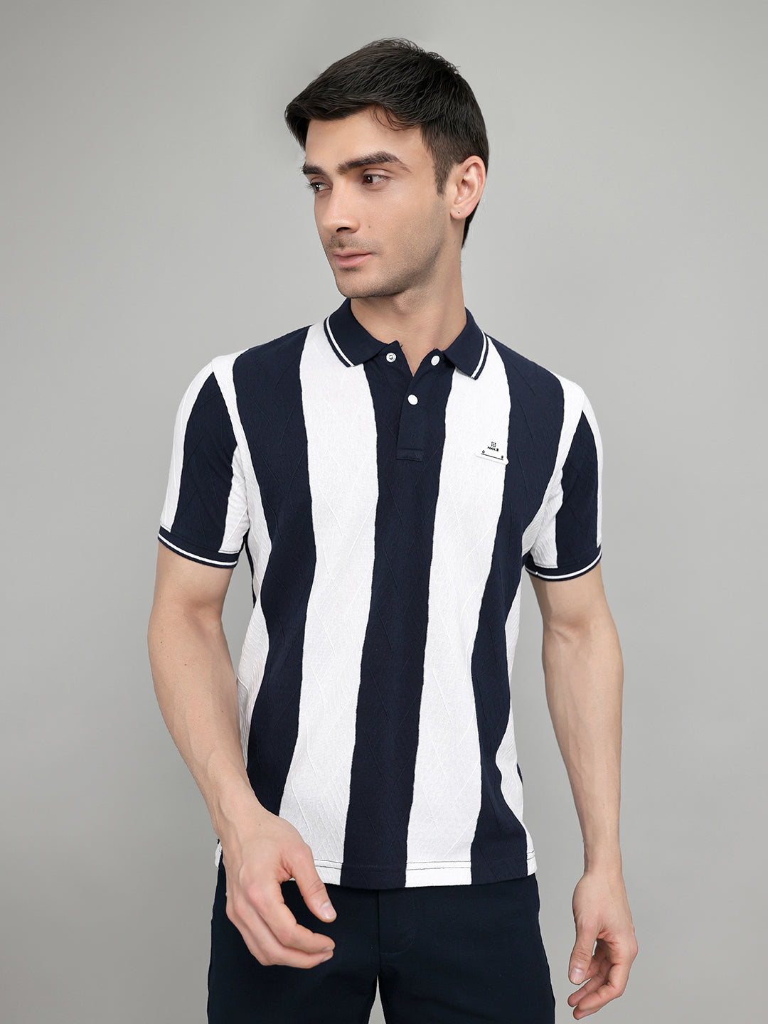 Rock.it Men Navy Blue & White Stripe Collar Half Sleeve T-Shirt