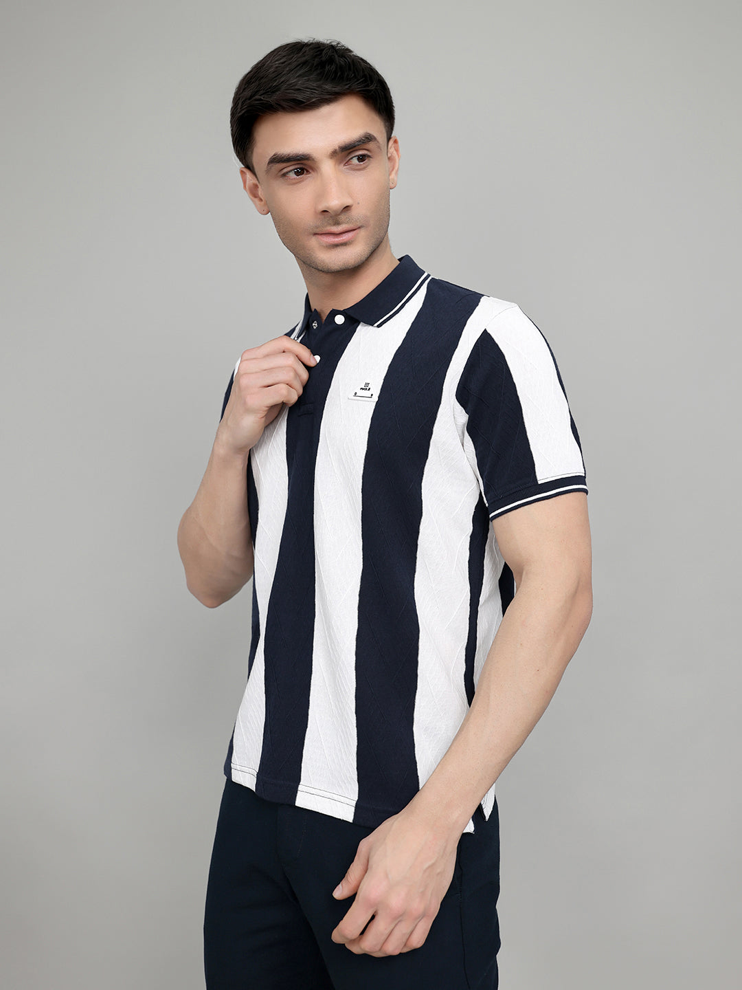 Rock.it Men Navy Blue & White Stripe Collar Half Sleeve T-Shirt