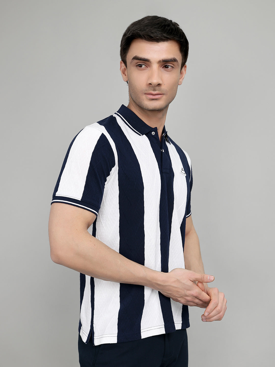 Rock.it Men Navy Blue & White Stripe Collar Half Sleeve T-Shirt