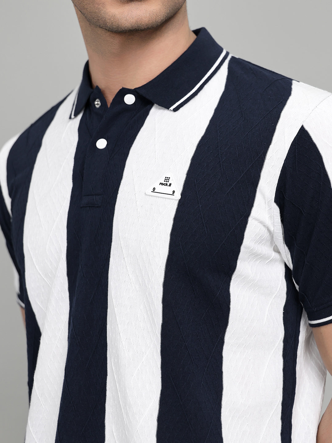 Rock.it Men Navy Blue & White Stripe Collar Half Sleeve T-Shirt